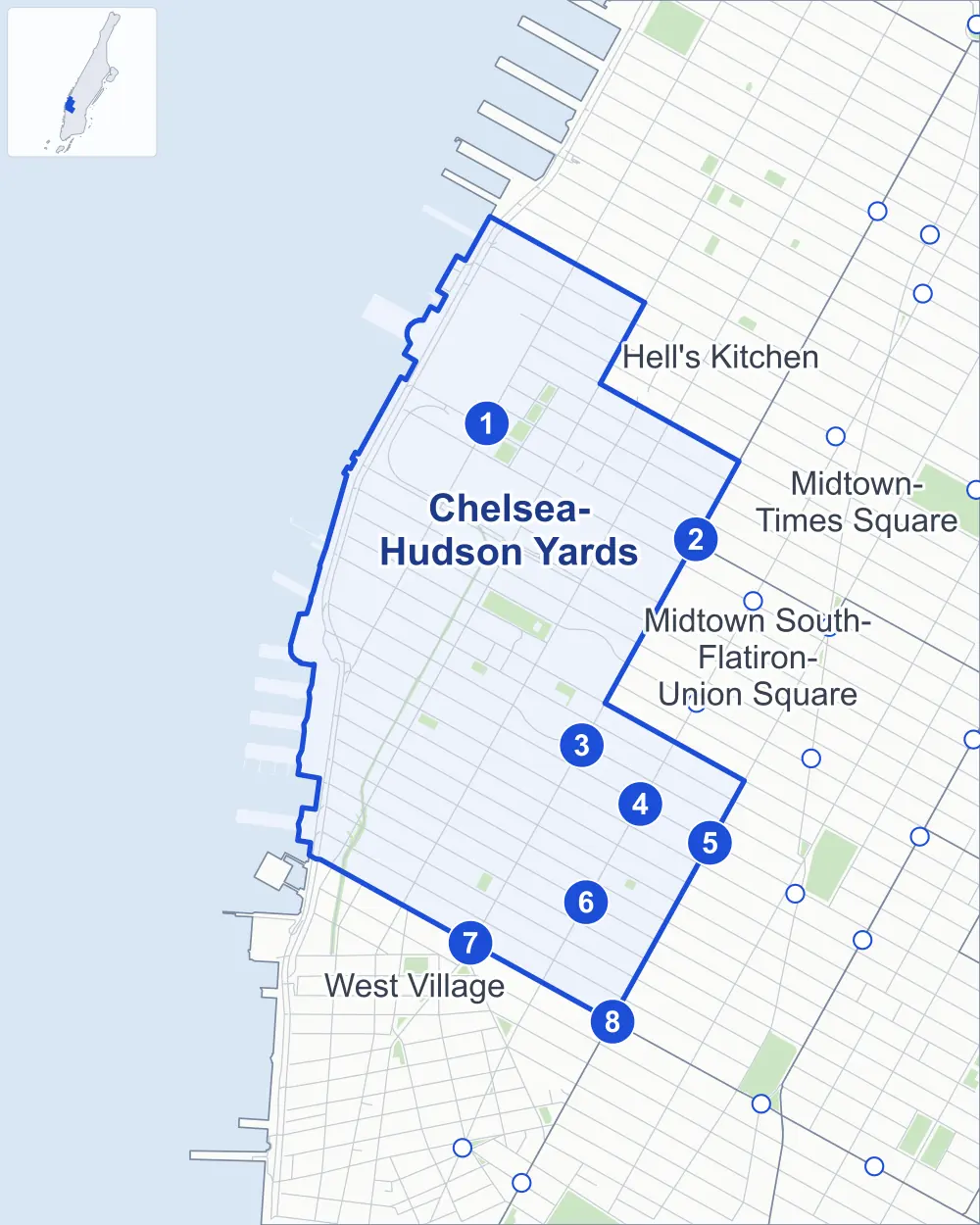 Street map of Chelsea-Hudson Yards, Manhattan, outlined among Midtown South-Flatiron-Union Square, Hell's Kitchen, the West Village and Midtown-Times Square, with its eight subway stations and the High Line.