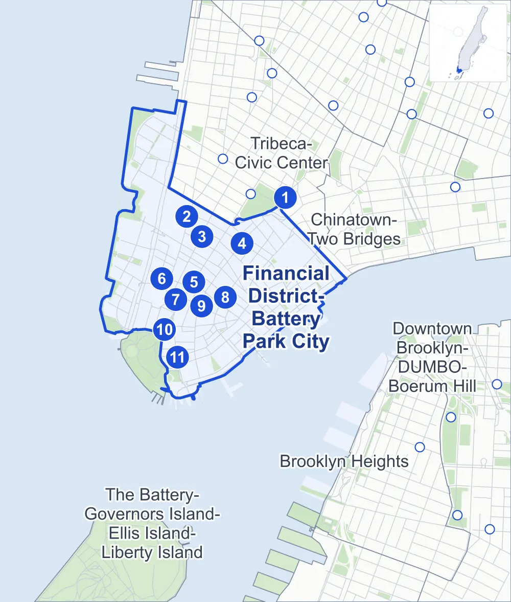 Street map of Financial District-Battery Park City, Manhattan, outlined among Tribeca-Civic Center, The Battery-Governors Island-Ellis Island-Liberty Island, Brooklyn Heights and Chinatown-Two Bridges, with its 11 subway stations and Battery Park City.