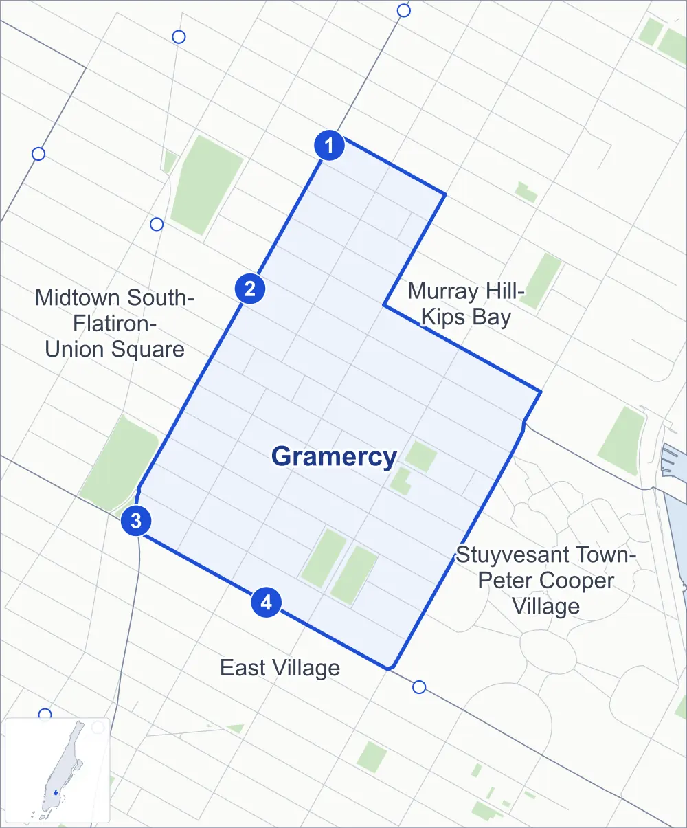 Street map of Gramercy, Manhattan, outlined among Murray Hill-Kips Bay, Midtown South-Flatiron-Union Square, the East Village and Stuyvesant Town-Peter Cooper Village, with its four subway stations and Stuyvesant Square.