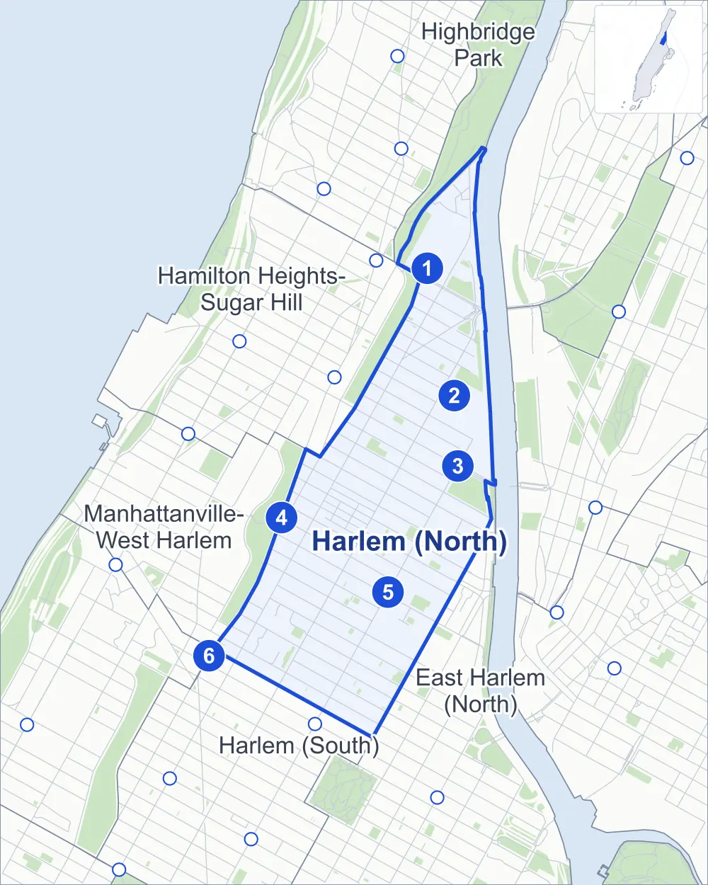 Street map of Harlem (North), Manhattan, outlined among East Harlem (North), Hamilton Heights-Sugar Hill, Manhattanville-West Harlem and Harlem (South), with its six subway stations and Brigadier General Charles Young Playground.