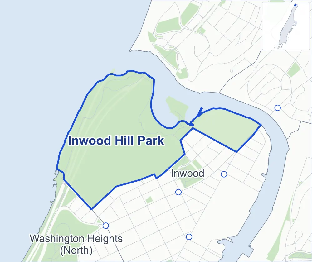 Street map of Inwood Hill Park, Manhattan, outlined among Inwood and Washington Heights (North), with its paths and the streets around it.