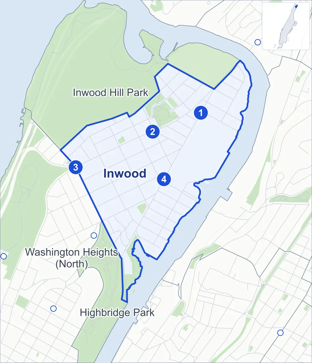 Street map of Inwood, Manhattan, outlined among Inwood Hill Park, Highbridge Park and Washington Heights (North), with its four subway stations and Isham Park.