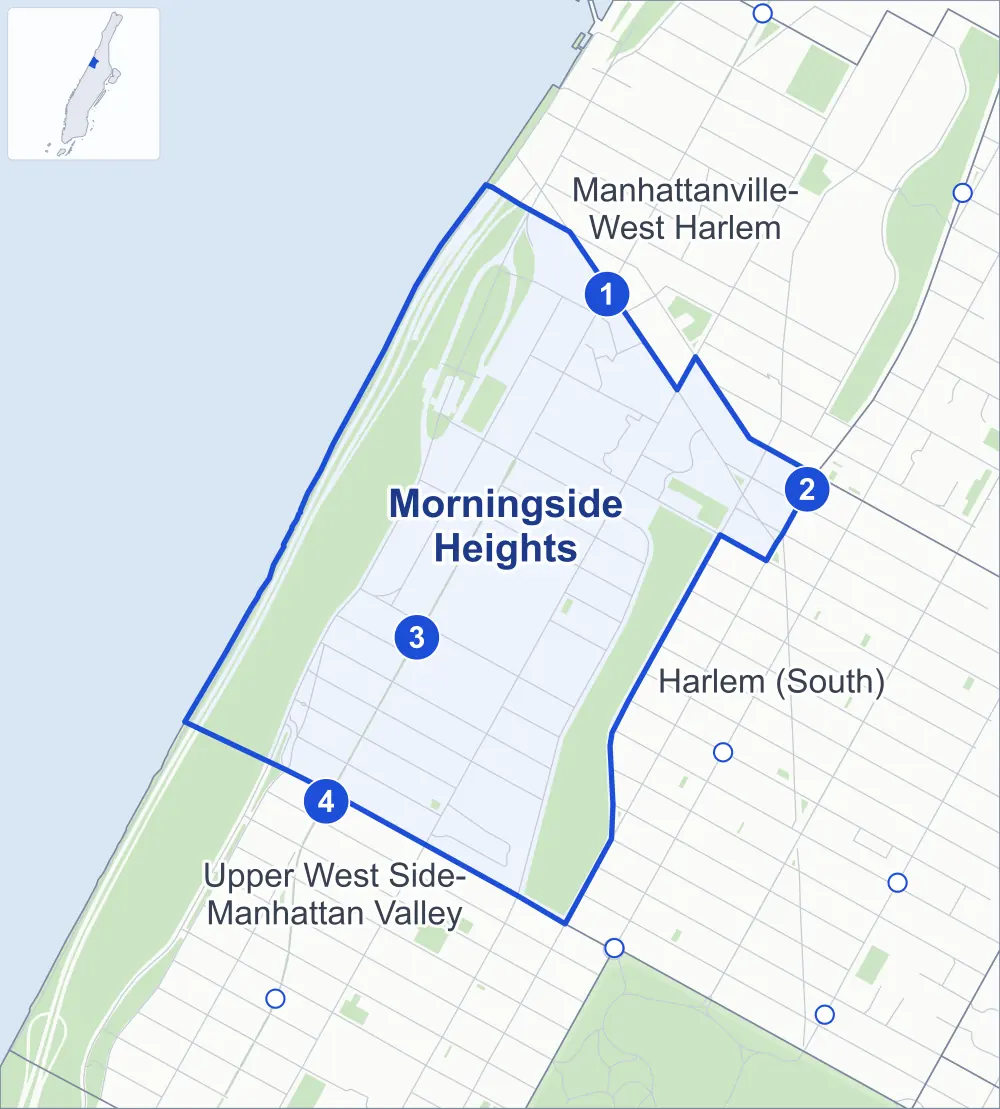 Street map of Morningside Heights, Manhattan, outlined among Harlem (South), Manhattanville-West Harlem and Upper West Side-Manhattan Valley, with its four subway stations and Riverside Park.