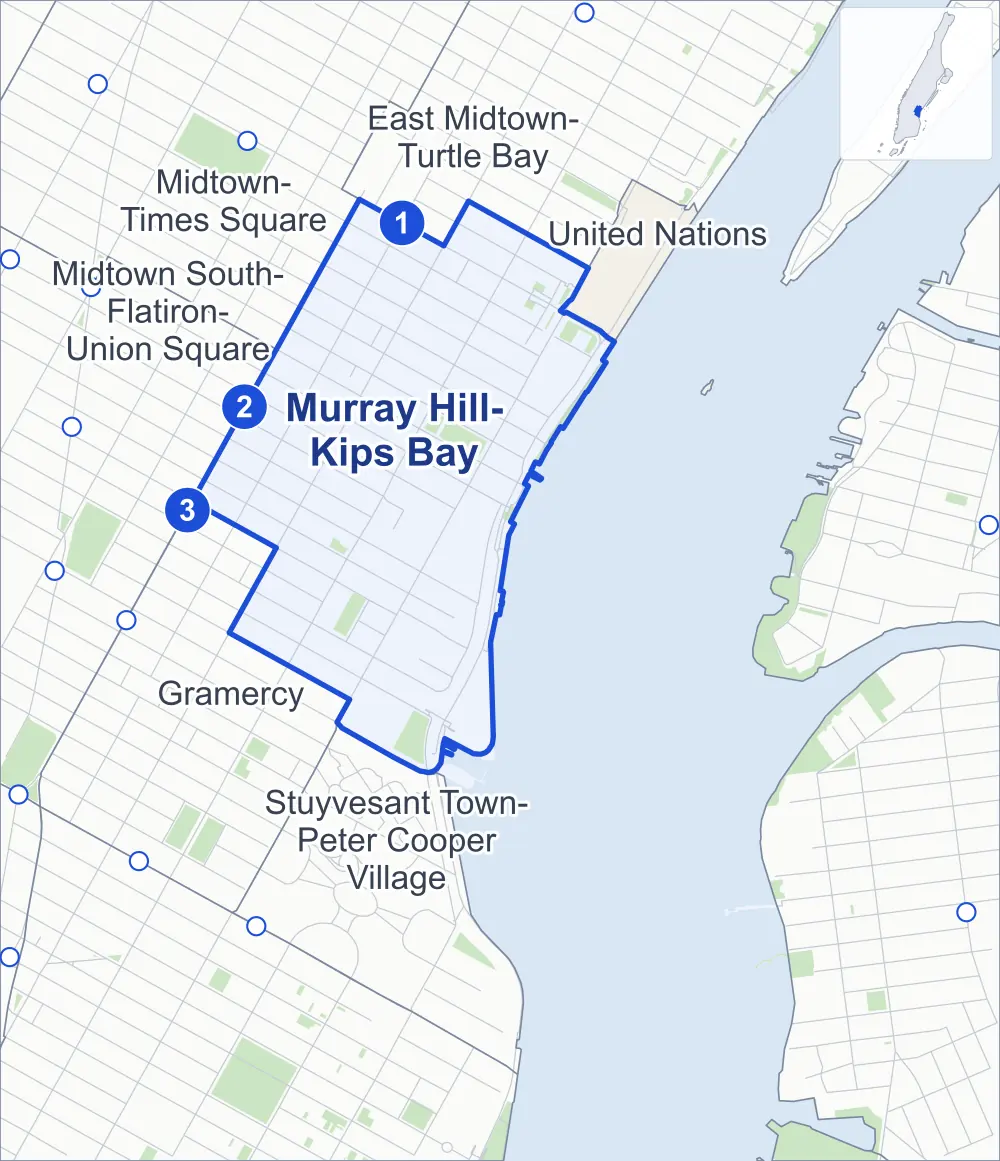 Street map of Murray Hill-Kips Bay, Manhattan, outlined among Gramercy, East Midtown-Turtle Bay, Midtown South-Flatiron-Union Square and Midtown-Times Square, with its three subway stations and Asser Levy Playground.