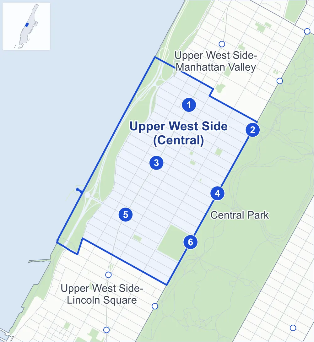 Street map of Upper West Side (Central), Manhattan, outlined among Central Park, Upper West Side-Lincoln Square and Upper West Side-Manhattan Valley, with its six subway stations and Riverside Park.