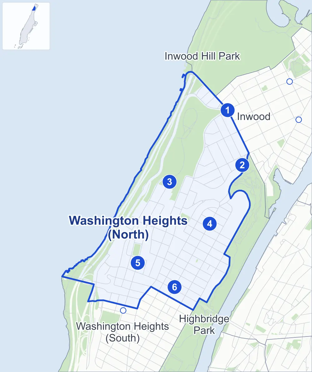 Street map of Washington Heights (North), Manhattan, outlined among Highbridge Park, Washington Heights (South), Inwood and Inwood Hill Park, with its six subway stations and Fort Tryon Park.