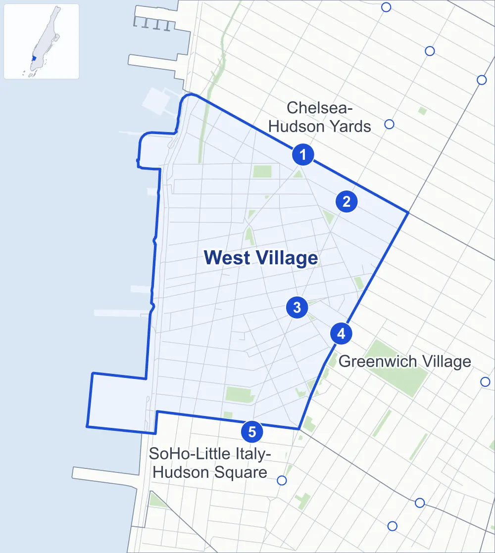 Street map of West Village, Manhattan, outlined among Chelsea-Hudson Yards, Greenwich Village and SoHo-Little Italy-Hudson Square, with its five subway stations and James J Walker Park.