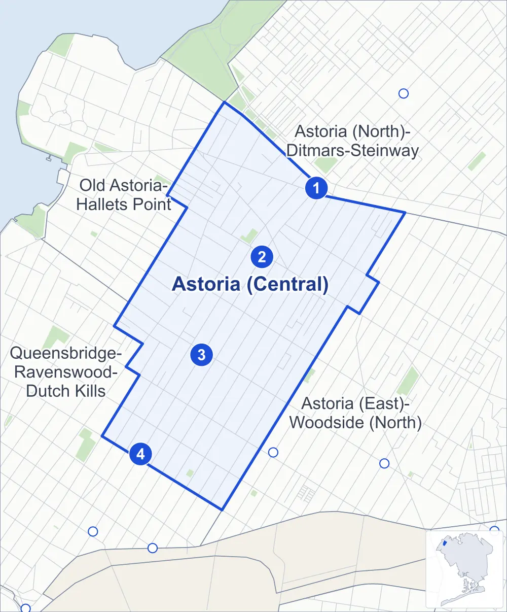 Street map of Astoria (Central), Queens, outlined among Astoria (East)-Woodside (North), Queensbridge-Ravenswood-Dutch Kills, Old Astoria-Hallets Point and Astoria (North)-Ditmars-Steinway, with its four subway stations.
