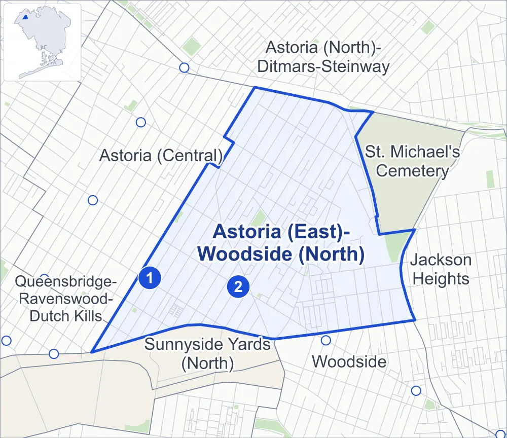 Street map of Astoria (East)-Woodside (North), Queens, outlined among Astoria (Central), Sunnyside Yards (North), St. Michael's Cemetery and Woodside, with its two subway stations and St. Michael's Playground.