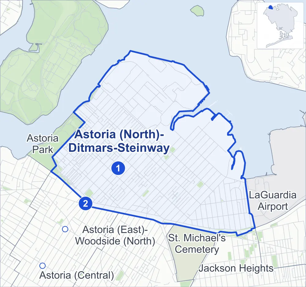 Street map of Astoria (North)-Ditmars-Steinway, Queens, outlined among Astoria (Central), Astoria Park, Astoria (East)-Woodside (North) and LaGuardia Airport, with its two subway stations and Ralph Demarco Park.