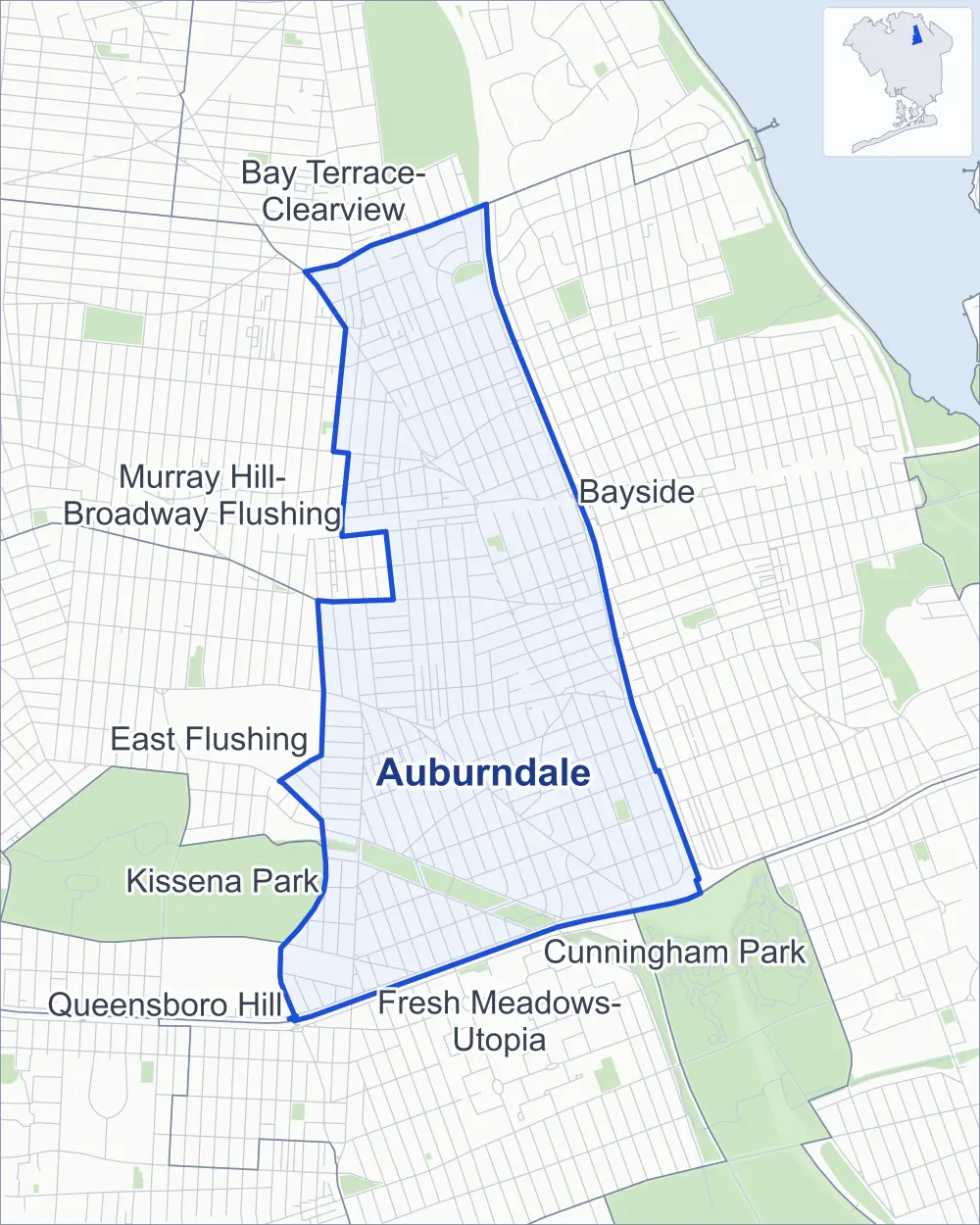 Street map of Auburndale, Queens, outlined among Bayside, Murray Hill-Broadway Flushing, Fresh Meadows-Utopia and East Flushing, with Kissena Corridor Park.