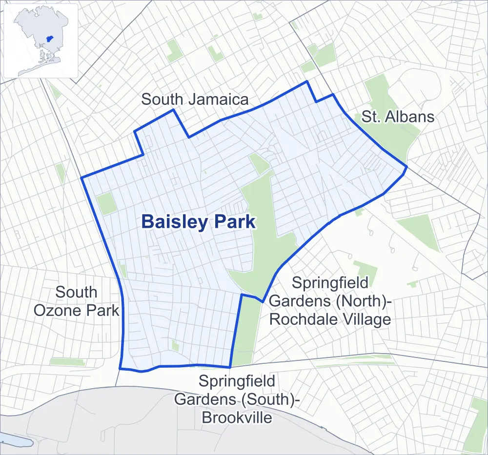 Street map of Baisley Park, Queens, outlined among South Jamaica, Springfield Gardens (North)-Rochdale Village, South Ozone Park and Springfield Gardens (South)-Brookville, with Baisley Pond Park.