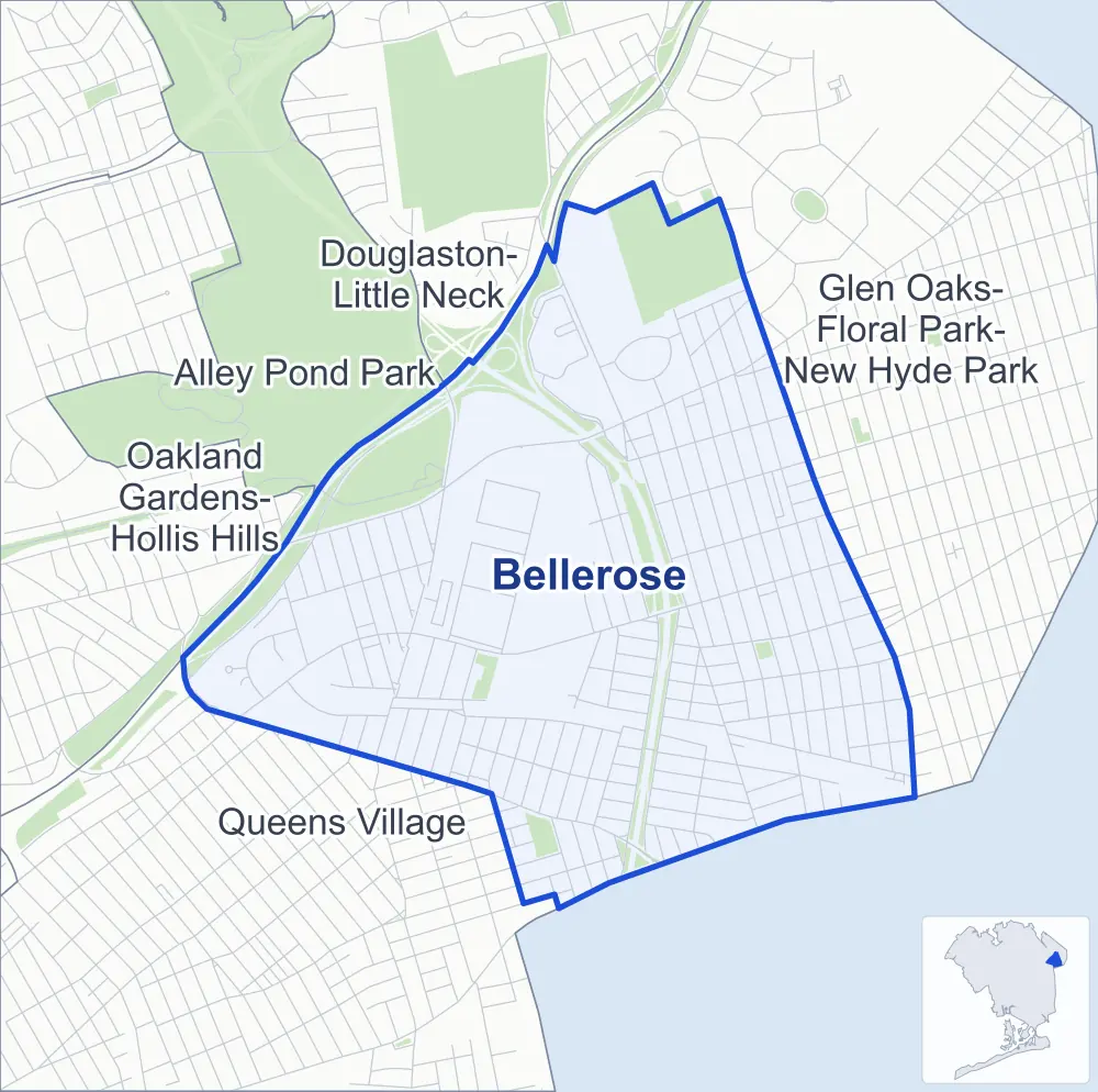 Street map of Bellerose, Queens, outlined among Glen Oaks-Floral Park-New Hyde Park, Queens Village, Oakland Gardens-Hollis Hills and Alley Pond Park, with Alley Athletic Playground.