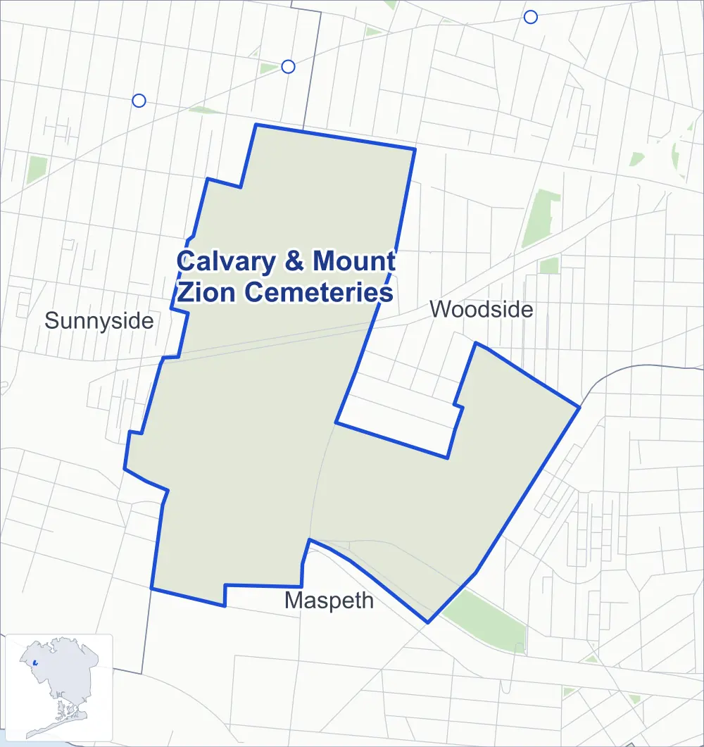 Street map of Calvary & Mount Zion Cemeteries, Queens, outlined among Woodside, Sunnyside and Maspeth.