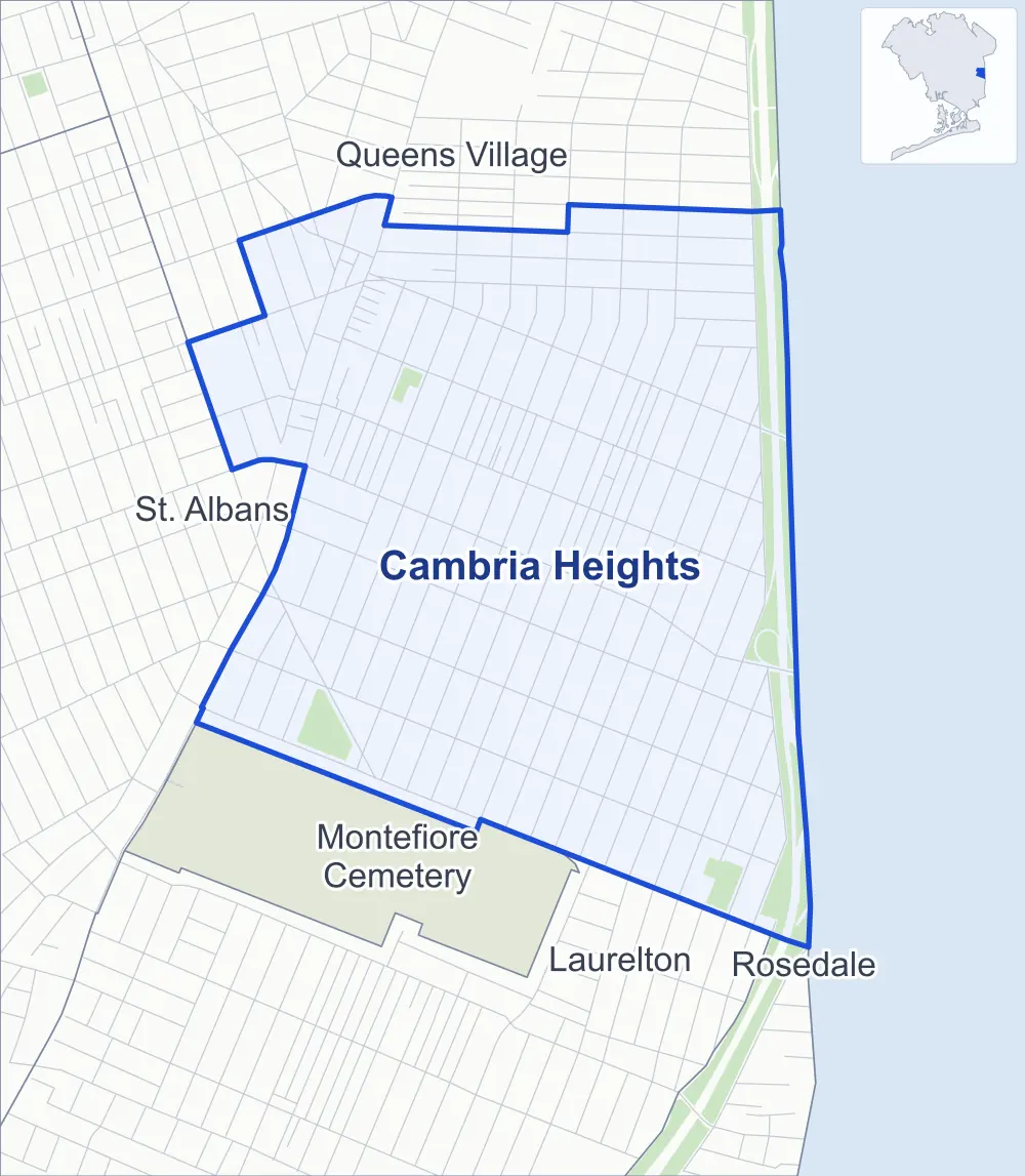 Street map of Cambria Heights, Queens, outlined among Queens Village, St. Albans, Montefiore Cemetery and Laurelton, with Cambria Playground.