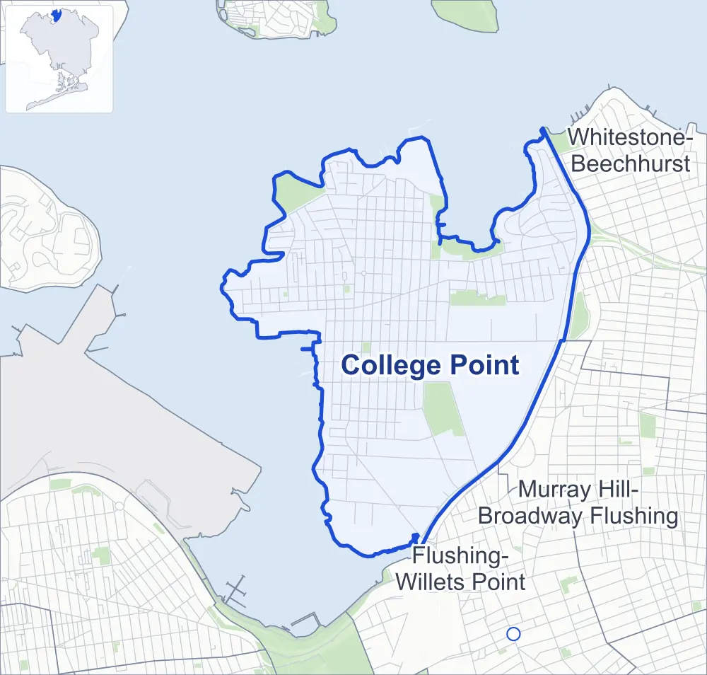 Street map of College Point, Queens, outlined among Whitestone-Beechhurst, Murray Hill-Broadway Flushing and Flushing-Willets Point, with College Point Fields.