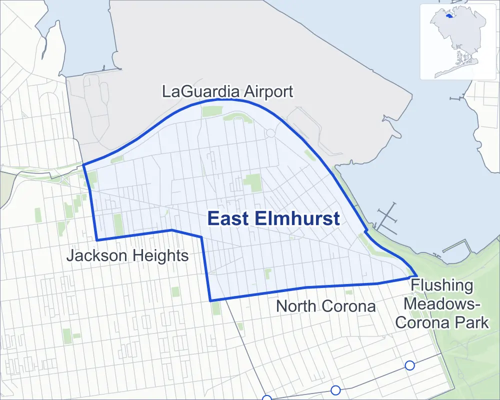 Street map of East Elmhurst, Queens, outlined among LaGuardia Airport, Jackson Heights, North Corona and Flushing Meadows-Corona Park, with Helen Marshall Playground.
