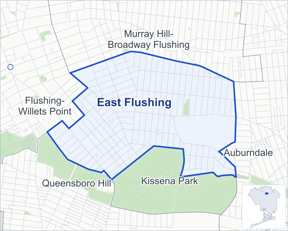 Street map of East Flushing, Queens, outlined among Murray Hill-Broadway Flushing, Kissena Park, Auburndale and Flushing-Willets Point, with the Olde Towne of Flushing Burial Ground.