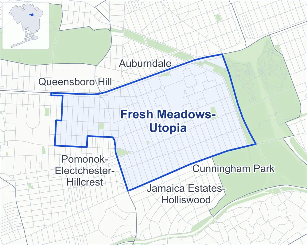Street map of Fresh Meadows-Utopia, Queens, outlined among Pomonok-Electchester-Hillcrest, Cunningham Park, Auburndale and Jamaica Estates-Holliswood, with Kissena Corridor Park.
