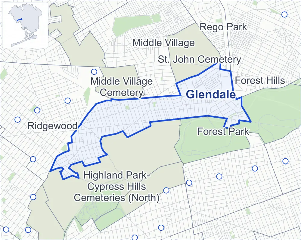 Street map of Glendale, Queens, outlined among Highland Park-Cypress Hills Cemeteries (North), Forest Park, Ridgewood and Middle Village, with Forest Park.