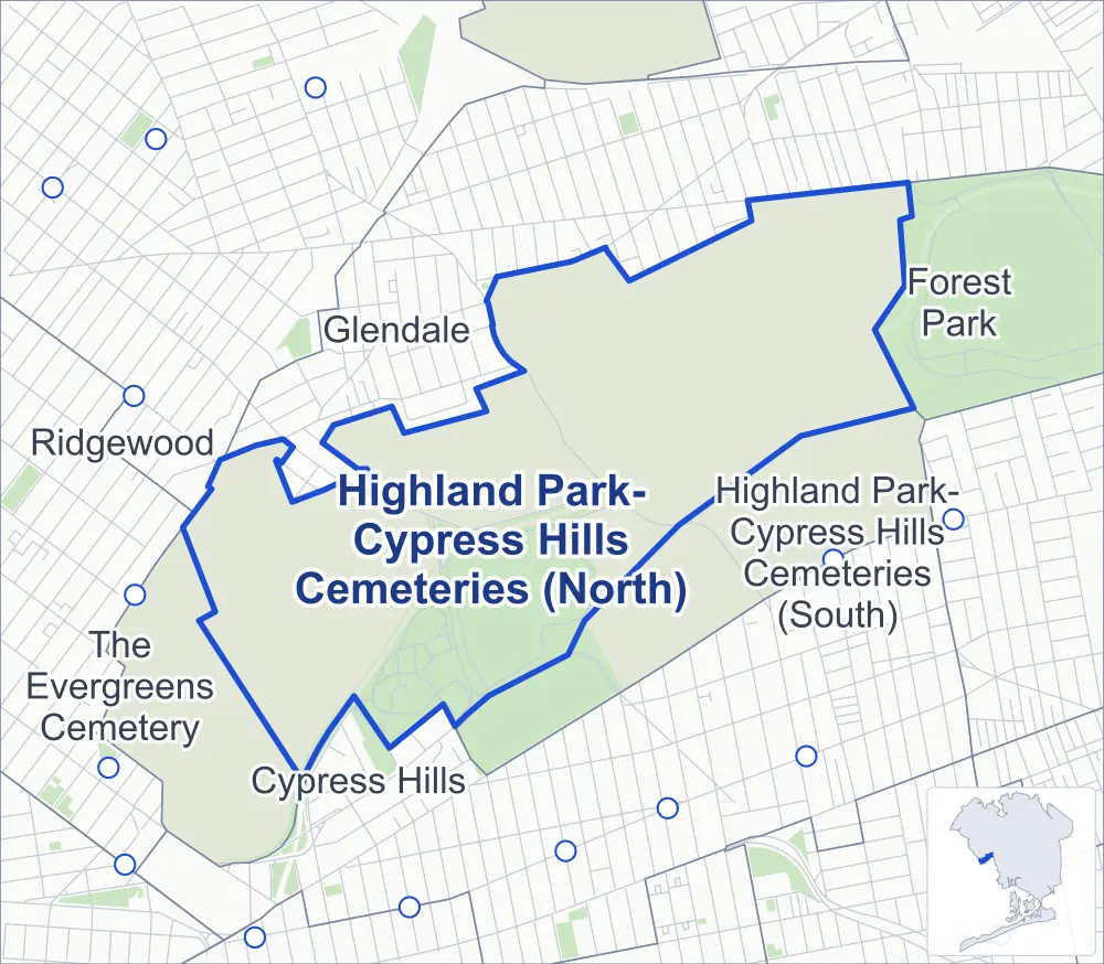 Street map of Highland Park-Cypress Hills Cemeteries (North), Queens, outlined among Glendale, Highland Park-Cypress Hills Cemeteries (South), The Evergreens Cemetery and Cypress Hills, with Highland Park.