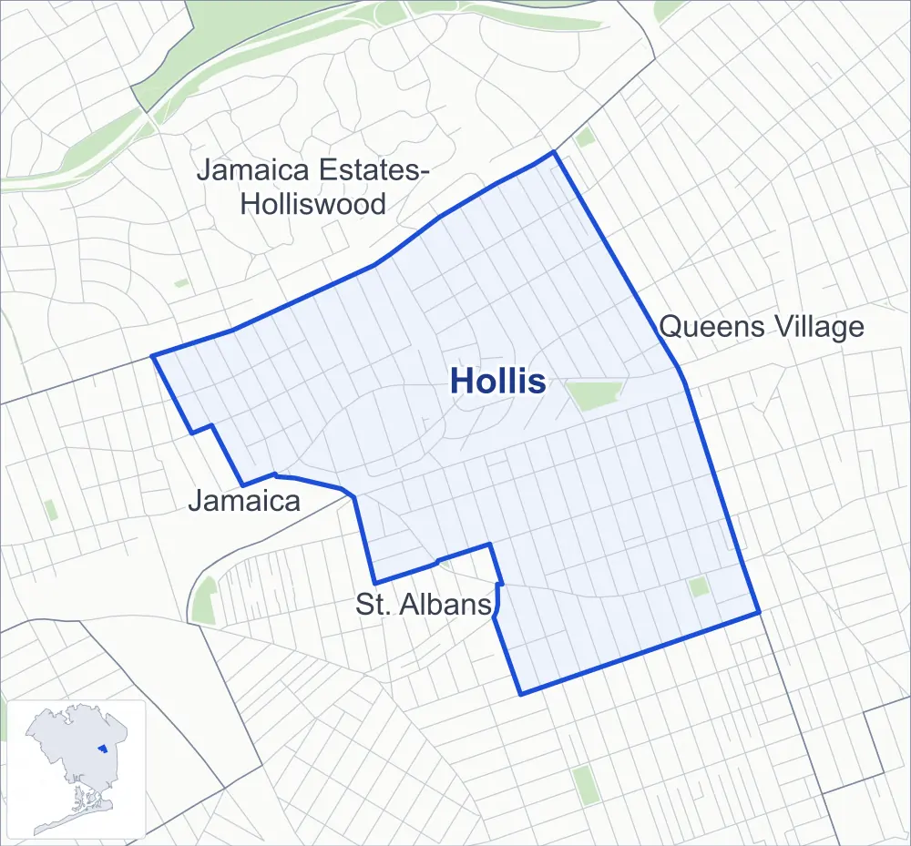 Street map of Hollis, Queens, outlined among St. Albans, Queens Village, Jamaica Estates-Holliswood and Jamaica, with Haggerty Park.