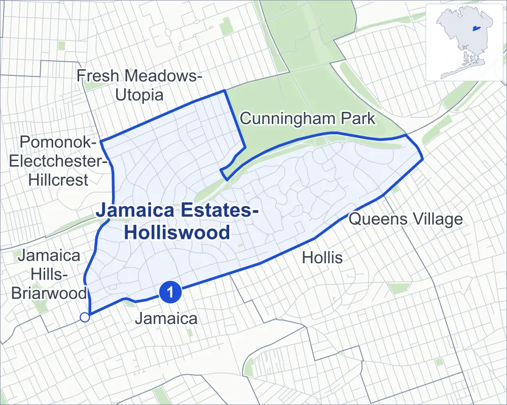 Street map of Jamaica Estates-Holliswood, Queens, outlined among Cunningham Park, Hollis, Jamaica and Fresh Meadows-Utopia, with its one subway station.
