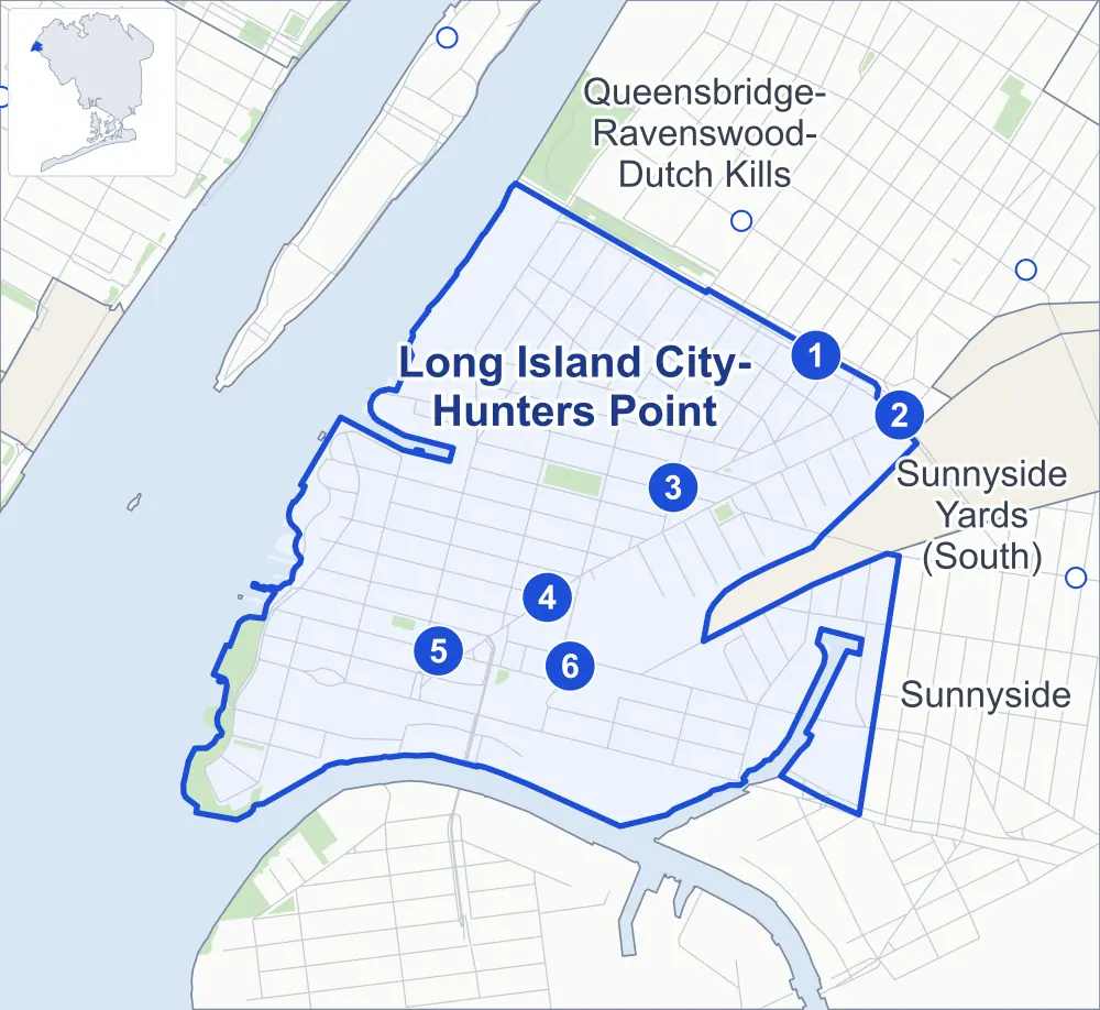 Street map of Long Island City-Hunters Point, Queens, outlined among Sunnyside Yards (South), Queensbridge-Ravenswood-Dutch Kills and Sunnyside, with its six subway stations and Hunter's Point South Park.