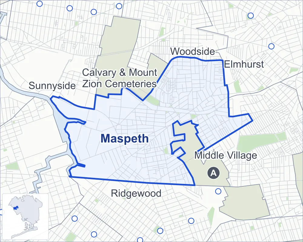 Street map of Maspeth, Queens, outlined among Mount Olivet & All Faiths Cemeteries, Ridgewood, Middle Village and Calvary & Mount Zion Cemeteries, with Frank Principe Park.