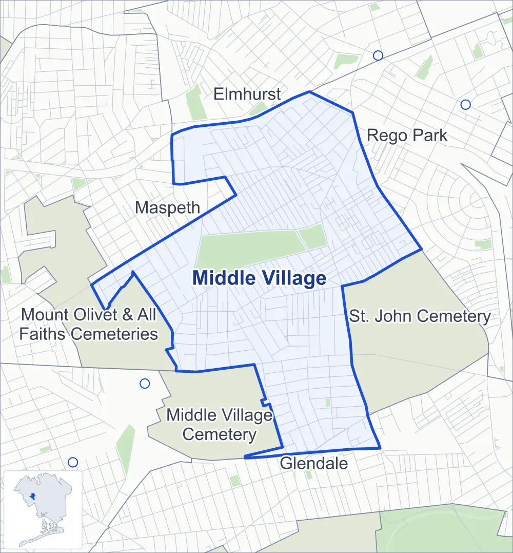 Street map of Middle Village, Queens, outlined among Maspeth, St. John Cemetery, Middle Village Cemetery and Rego Park, with Juniper Valley Park.