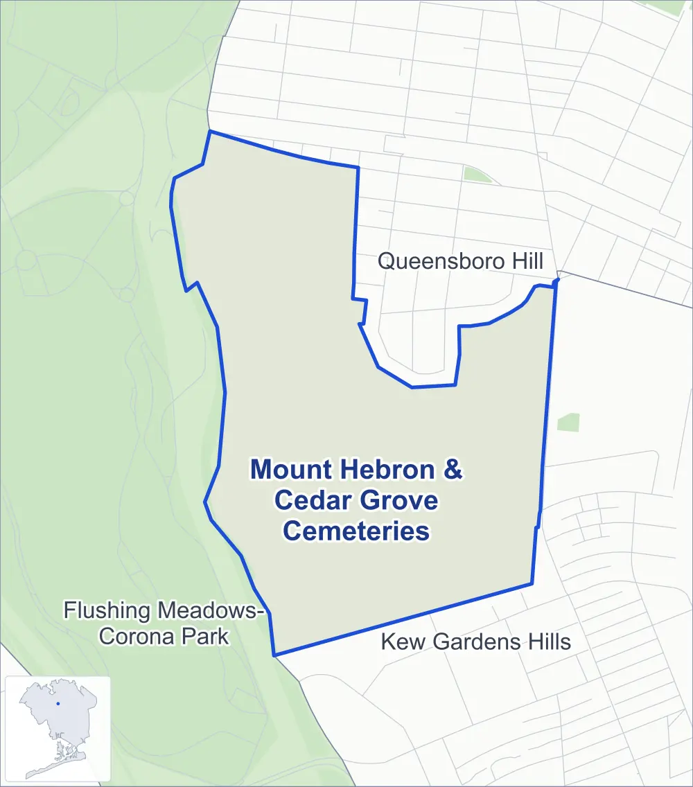 Street map of Mount Hebron & Cedar Grove Cemeteries, Queens, outlined among Queensboro Hill, Flushing Meadows-Corona Park and Kew Gardens Hills, with Flushing Meadows Corona Park.