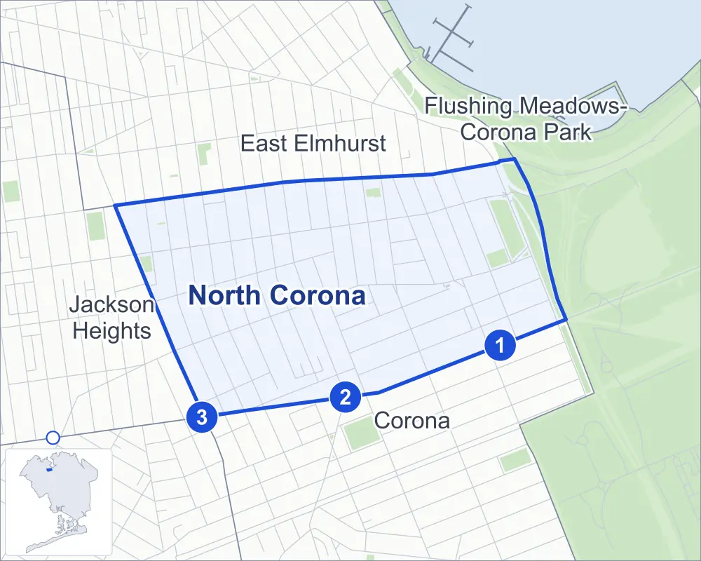 Street map of North Corona, Queens, outlined among East Elmhurst, Corona, Jackson Heights and Flushing Meadows-Corona Park, with its three subway stations and Hinton Park.