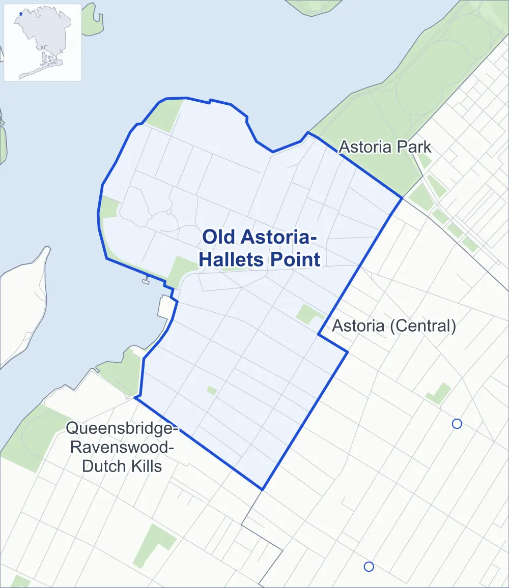 Street map of Old Astoria-Hallets Point, Queens, outlined among Astoria (Central), Queensbridge-Ravenswood-Dutch Kills and Astoria Park, with Hallets Cove Playground.