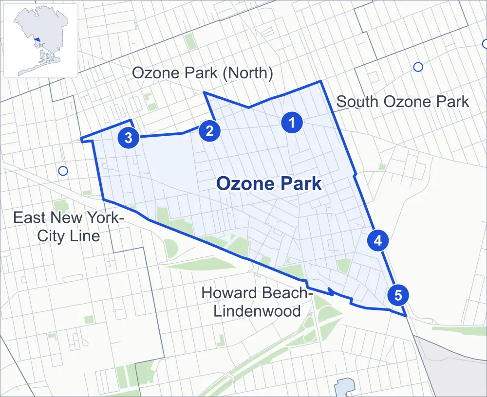 Street map of Ozone Park, Queens, outlined among Howard Beach-Lindenwood, Ozone Park (North), South Ozone Park and East New York-City Line, with its five subway stations and Tudor Park.