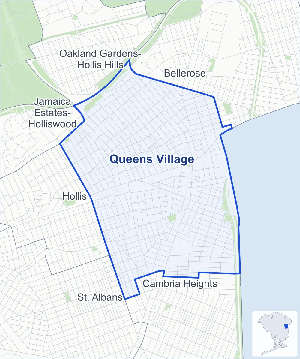 Street map of Queens Village, Queens, outlined among Cambria Heights, Bellerose, Hollis and Oakland Gardens-Hollis Hills, with Wayanda Park.