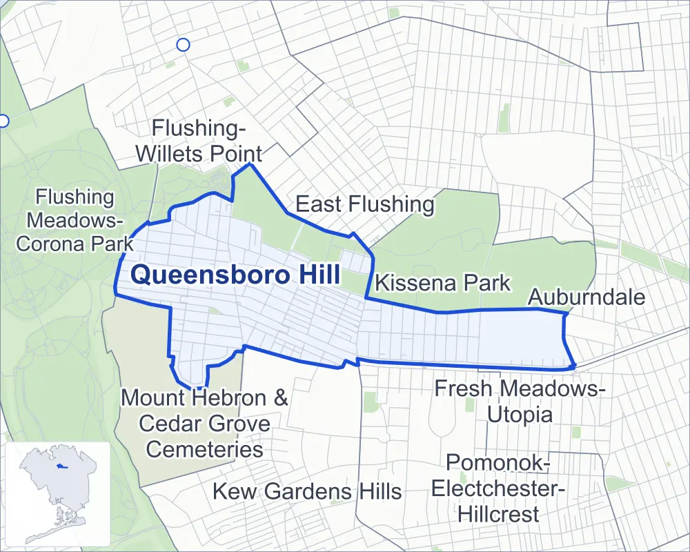 Street map of Queensboro Hill, Queens, outlined among Kissena Park, Mount Hebron & Cedar Grove Cemeteries, East Flushing and Flushing-Willets Point, with Kissena Corridor Park.