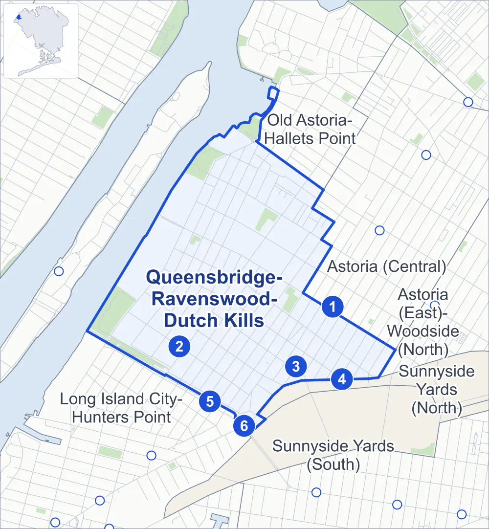 Street map of Queensbridge-Ravenswood-Dutch Kills, Queens, outlined among Astoria (Central), Long Island City-Hunters Point, Old Astoria-Hallets Point and Sunnyside Yards (North), with its six subway stations and Queensbridge Park.