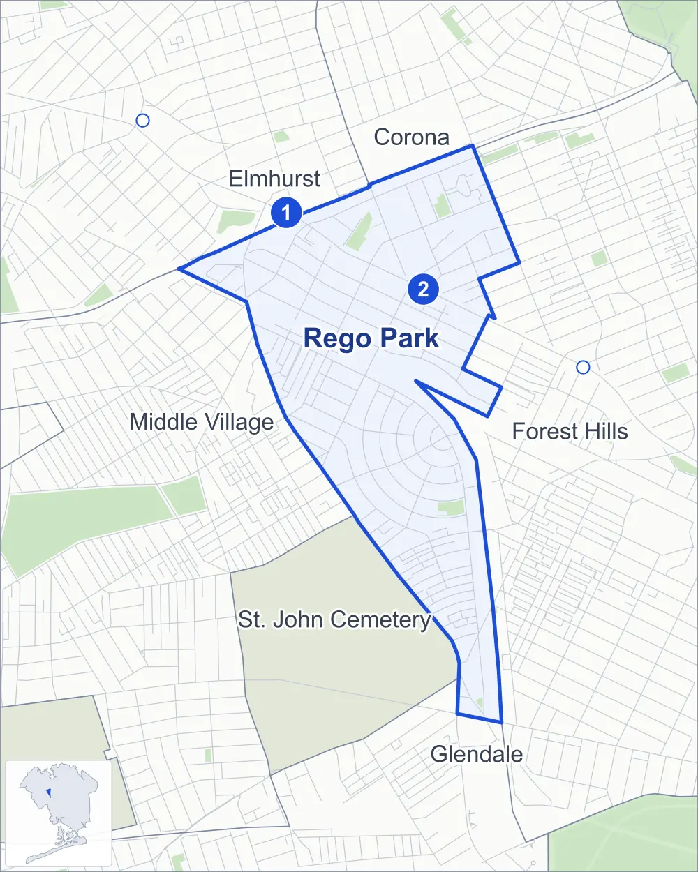 Street map of Rego Park, Queens, outlined among Forest Hills, Middle Village, Elmhurst and St. John Cemetery, with its two subway stations and Lost Battalion Hall Recreation Center.
