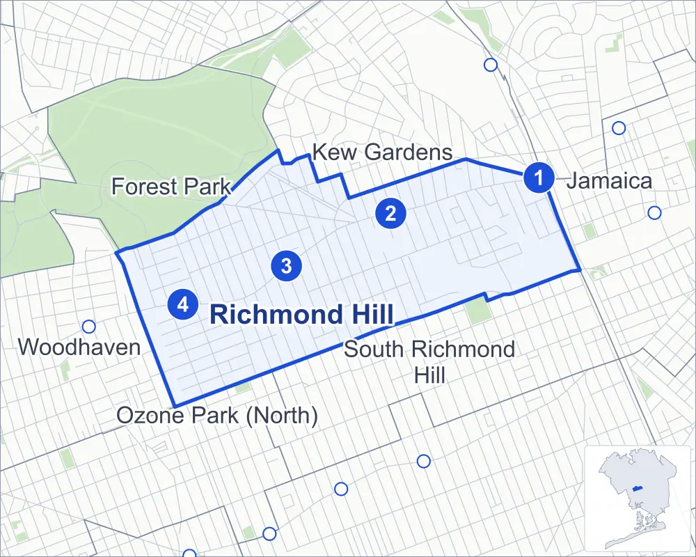 Street map of Richmond Hill, Queens, outlined among Kew Gardens, South Richmond Hill, Forest Park and Woodhaven, with its four subway stations.