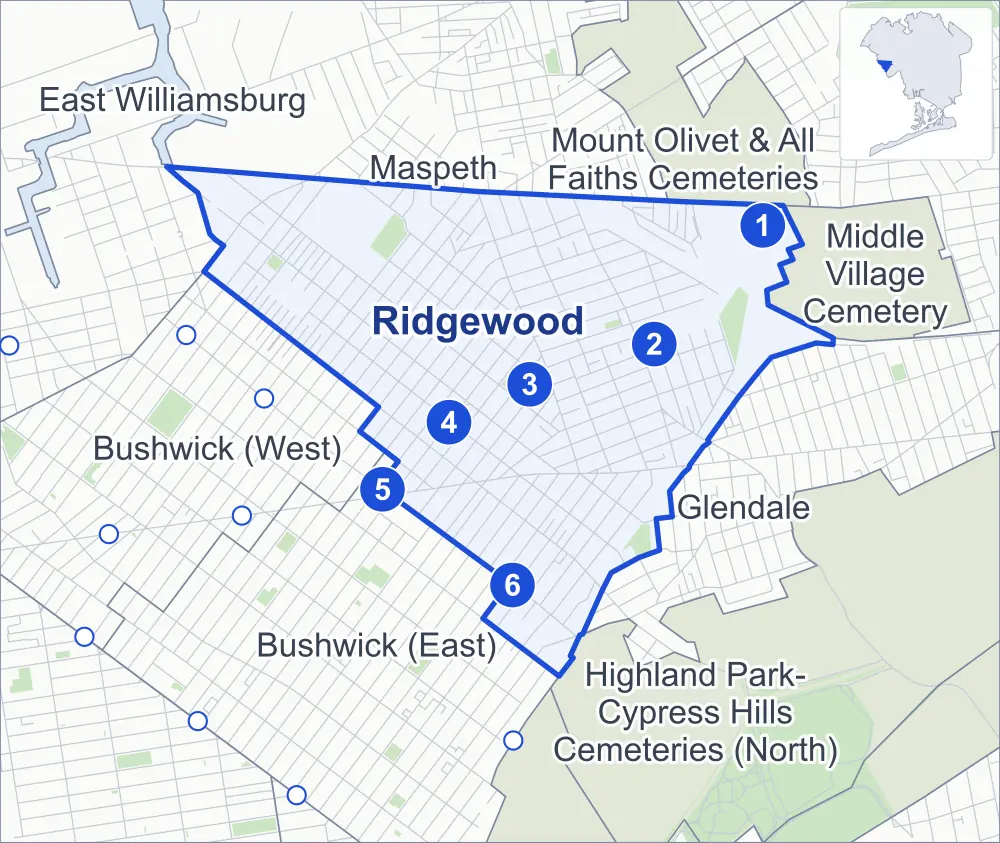 Street map of Ridgewood, Queens, outlined among Maspeth, Glendale, Bushwick (East) and Bushwick (West), with its six subway stations and Mafera Park.