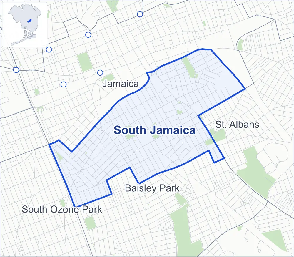 Street map of South Jamaica, Queens, outlined among Jamaica, Baisley Park, St. Albans and South Ozone Park, with Detective Keith L Williams Park.