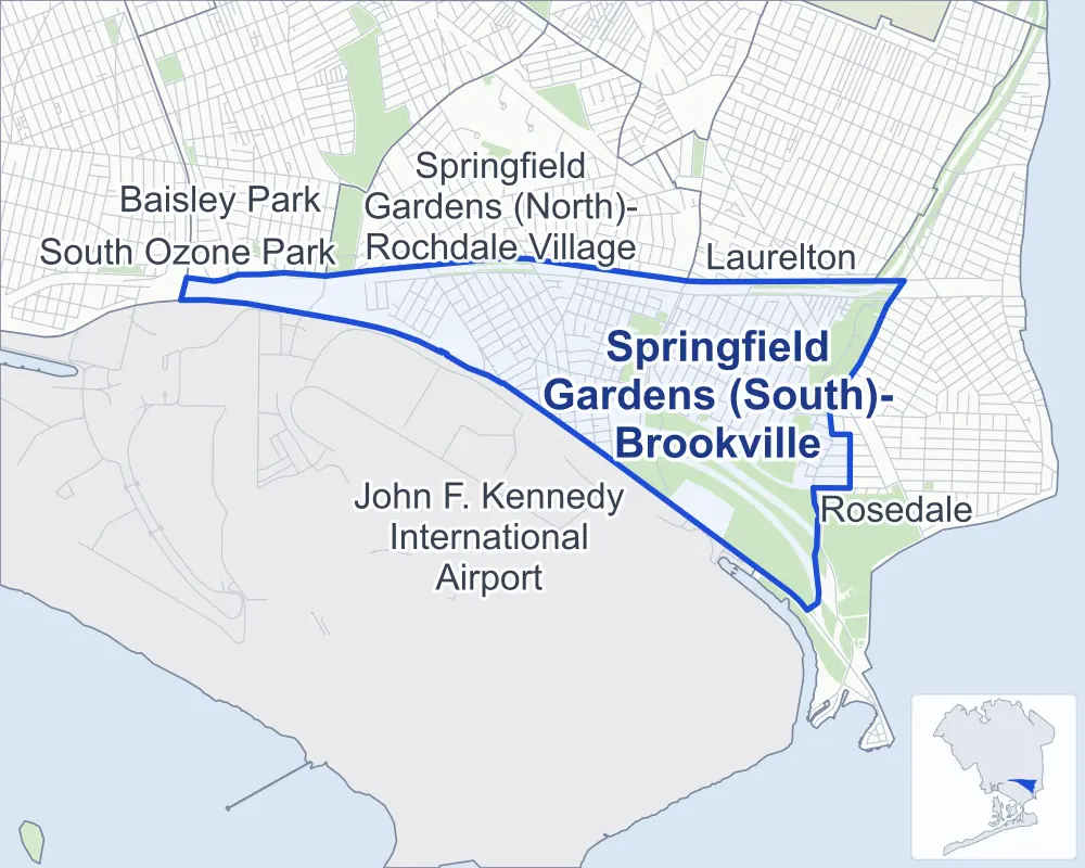 Street map of Springfield Gardens (South)-Brookville, Queens, outlined among John F. Kennedy International Airport, Rosedale, Springfield Gardens (North)-Rochdale Village and Laurelton, with Idlewild Park.