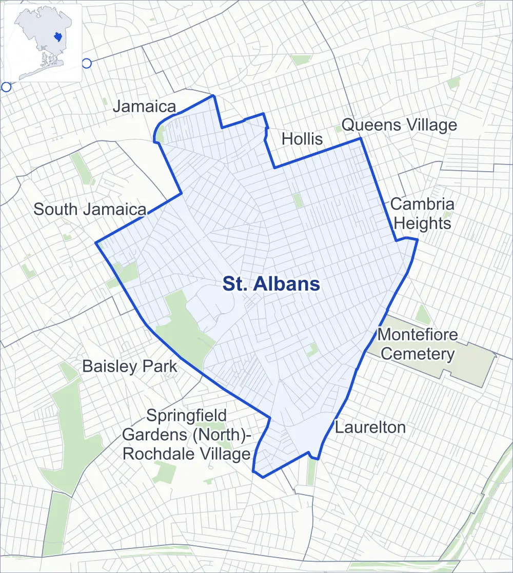 Street map of St. Albans, Queens, outlined among Hollis, Springfield Gardens (North)-Rochdale Village, Laurelton and South Jamaica, with Roy Wilkins Recreation Center.