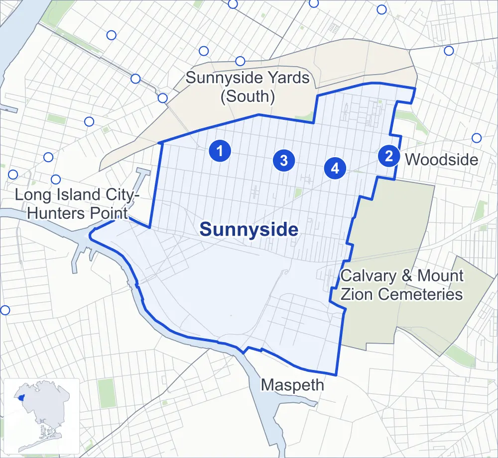 Street map of Sunnyside, Queens, outlined among Sunnyside Yards (South), Calvary & Mount Zion Cemeteries, Maspeth and Woodside, with its four subway stations and L/CPL Thomas P. Noonan Jr. Playground.