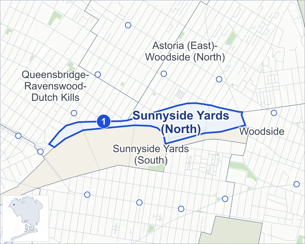 Street map of Sunnyside Yards (North), Queens, outlined among Sunnyside Yards (South), Astoria (East)-Woodside (North), Queensbridge-Ravenswood-Dutch Kills and Woodside, with its one subway station.