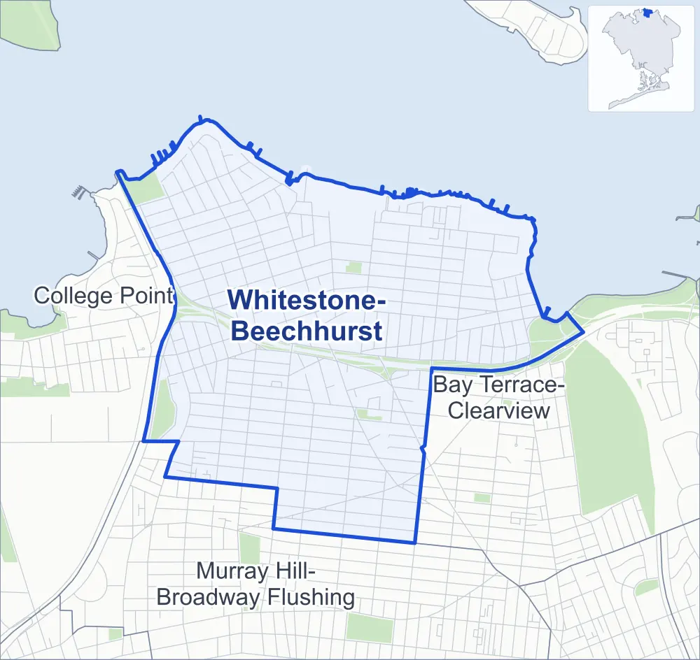 Street map of Whitestone-Beechhurst, Queens, outlined among Murray Hill-Broadway Flushing, Bay Terrace-Clearview and College Point, with Francis Lewis Park.