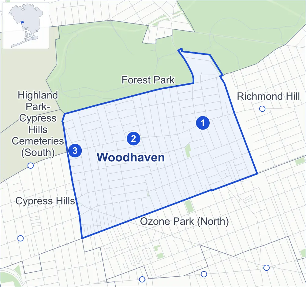 Street map of Woodhaven, Queens, outlined among Forest Park, Ozone Park (North), Richmond Hill and Cypress Hills, with its three subway stations and Forest Park.