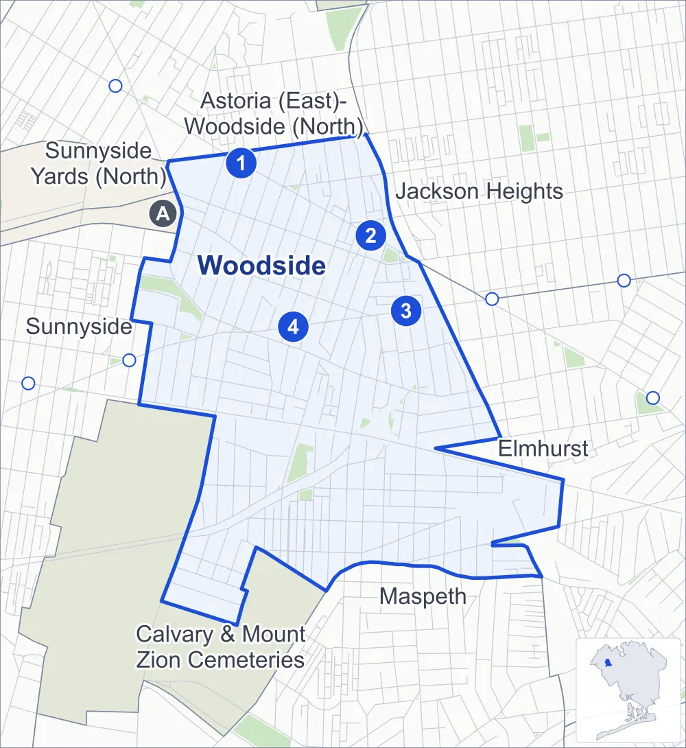 Street map of Woodside, Queens, outlined among Elmhurst, Calvary & Mount Zion Cemeteries, Maspeth and Sunnyside, with its four subway stations and Big Bush Playground.