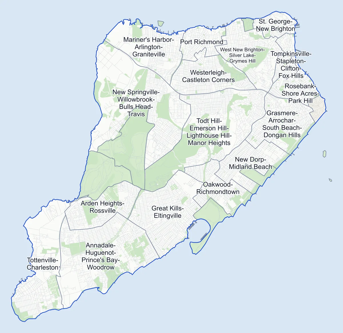 Staten Island's streets and 23 neighborhood areas on a map, with Freshkills Park and the island's other parks.