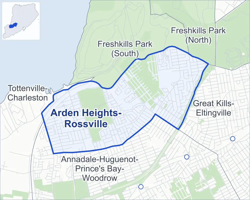 Street map of Arden Heights-Rossville, Staten Island, outlined among Annadale-Huguenot-Prince's Bay-Woodrow, Freshkills Park (South), Great Kills-Eltingville and Tottenville-Charleston, with Arden Woods.